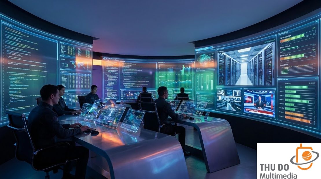 A high-tech digital control room monitoring media distribution, user analytics, and live streaming performance.