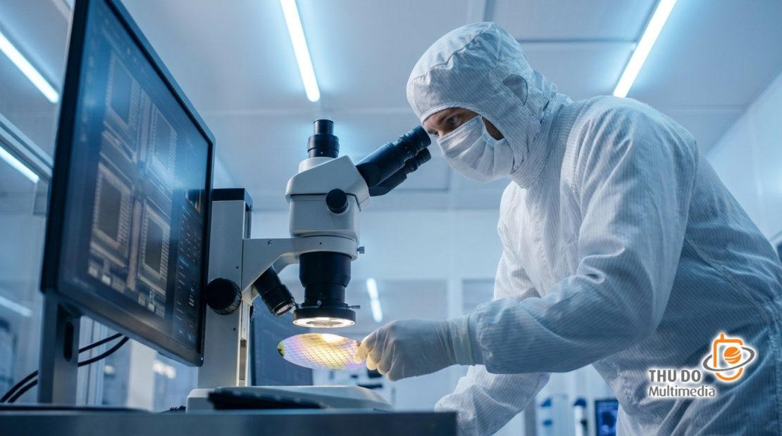 Kỹ sư đang kiểm tra cẩn thận tấm wafer silicon dưới kính hiển vi công nghệ cao tại phòng thí nghiệm