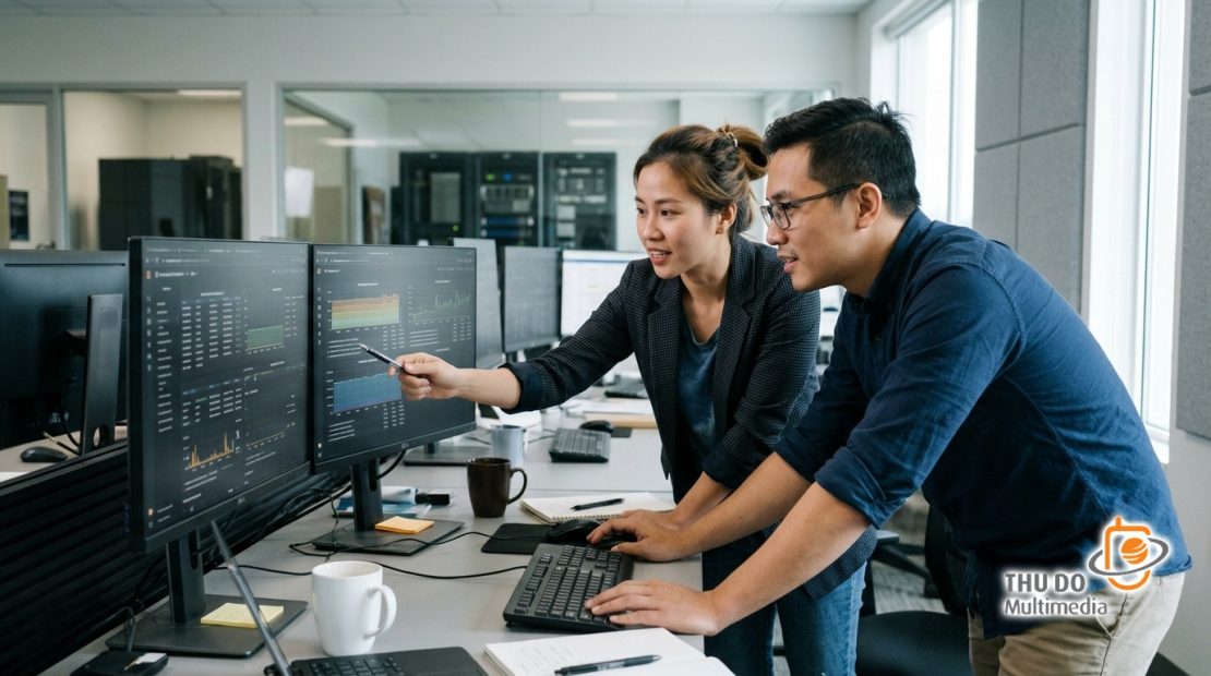 Các kỹ sư công nghệ đang phân tích biểu đồ tối ưu hóa dung lượng lưu trữ máy chủ VOD trên màn hình hiển thị trực quan trong phòng điều hành. Các kỹ sư công nghệ đang phân tích biểu đồ tối ưu hóa dung lượng lưu trữ máy chủ VOD trên màn hình hiển thị trực quan trong phòng điều hành.