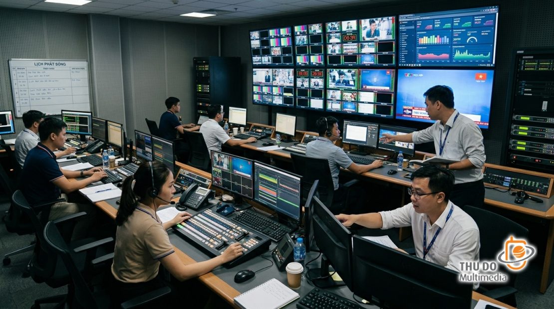 Các kỹ sư truyền hình Việt Nam đang vận hành hệ thống giám sát đa màn hình tại trung tâm điều khiển nội dung số. Các kỹ sư truyền hình Việt Nam đang vận hành hệ thống giám sát đa màn hình tại trung tâm điều khiển nội dung số.
