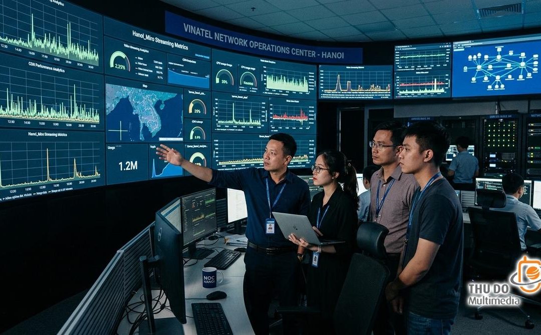Các kỹ sư Việt Nam đang giám sát hệ thống truyền tải video streaming và phân tích luồng dữ liệu tại Trung tâm điều hành mạng (NOC).