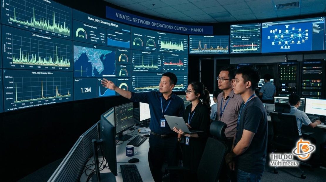 Các kỹ sư Việt Nam đang giám sát hệ thống truyền tải video streaming và phân tích luồng dữ liệu tại Trung tâm điều hành mạng (NOC). Các kỹ sư Việt Nam đang giám sát hệ thống truyền tải video streaming và phân tích luồng dữ liệu tại Trung tâm điều hành mạng (NOC).