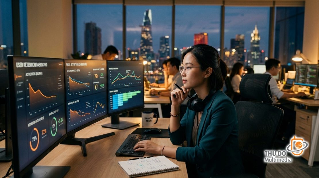 Chuyên gia dữ liệu đang phân tích biểu đồ tỷ lệ rời bỏ của khách hàng trên nền tảng OTT Chuyên gia dữ liệu đang phân tích biểu đồ tỷ lệ rời bỏ của khách hàng trên nền tảng OTT