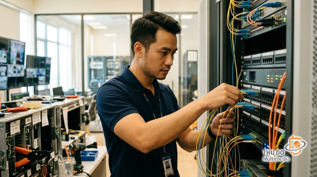 Chuyên gia kỹ thuật kiểm tra hệ thống máy chủ và cáp quang tại trung tâm dữ liệu truyền thông