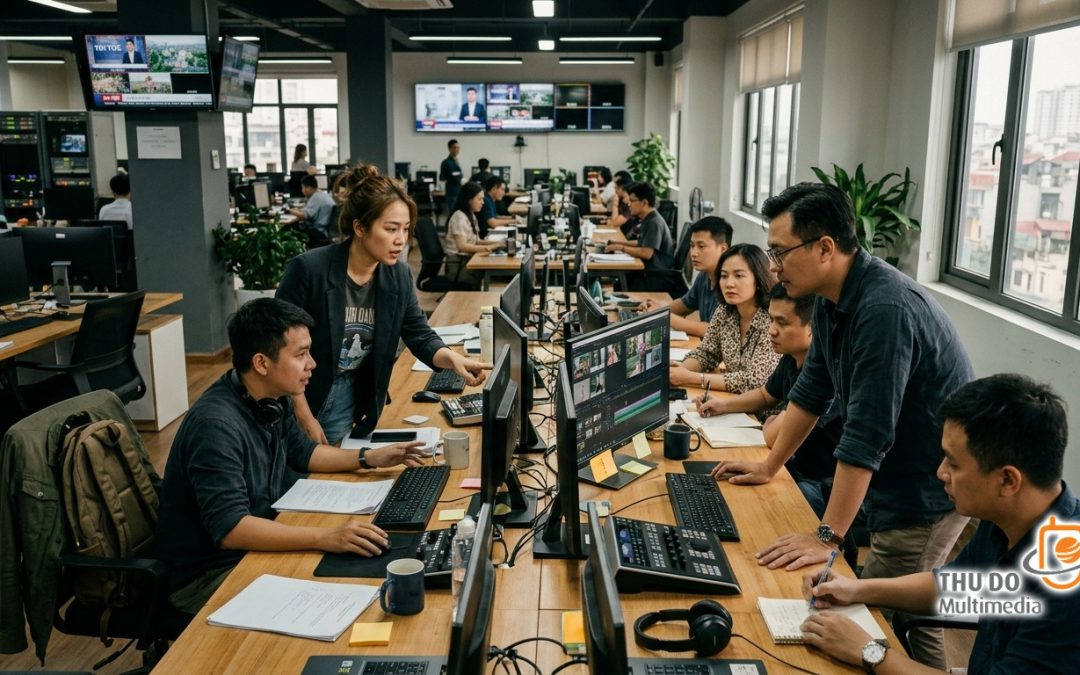 Đội ngũ biên tập viên và kỹ thuật viên tại phòng dựng hình đang kiểm tra luồng dữ liệu video và bảng điều khiển trực quan trong môi trường làm việc hiện đại.