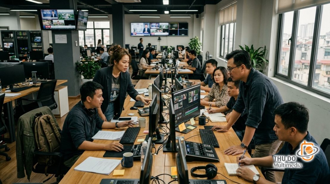 Đội ngũ biên tập viên và kỹ thuật viên tại phòng dựng hình đang kiểm tra luồng dữ liệu video và bảng điều khiển trực quan trong môi trường làm việc hiện đại. Đội ngũ biên tập viên và kỹ thuật viên tại phòng dựng hình đang kiểm tra luồng dữ liệu video và bảng điều khiển trực quan trong môi trường làm việc hiện đại.