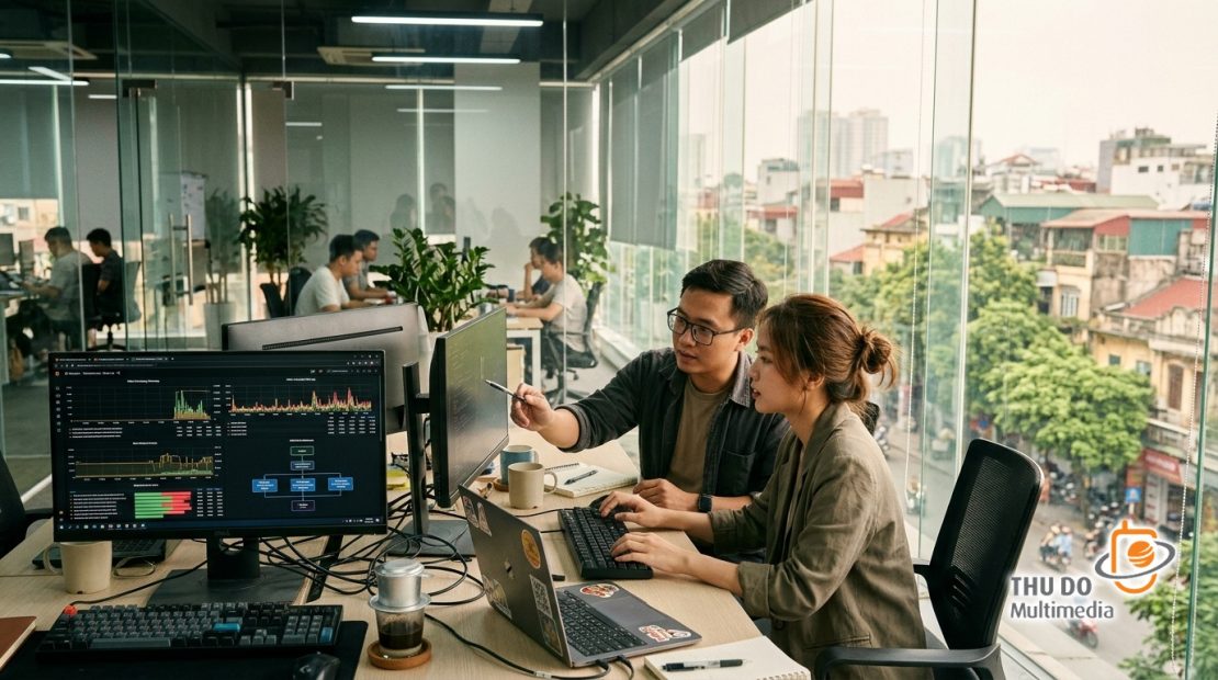 Đội ngũ kỹ sư Thủ Đô Multimedia phân tích dữ liệu luồng truyền dẫn và thông số kỹ thuật hệ thống theo thời gian thực