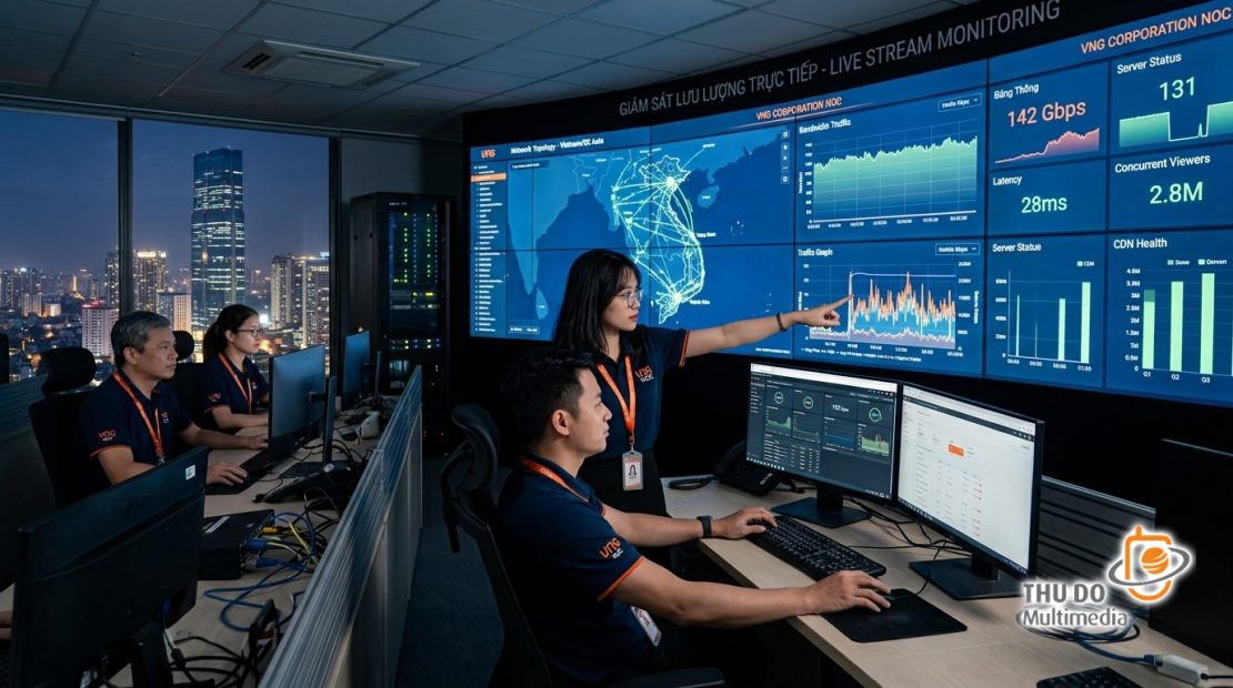 Đội ngũ kỹ sư Việt Nam vận hành và giám sát hệ thống truyền dẫn tại phòng điều khiển trung tâm.