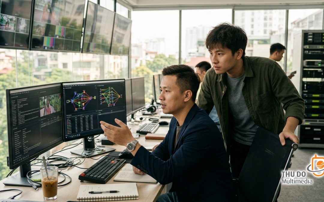 Đội ngũ kỹ thuật viên phối hợp vận hành và theo dõi thông số truyền dẫn media trực tiếp trên hệ thống giám sát trung tâm