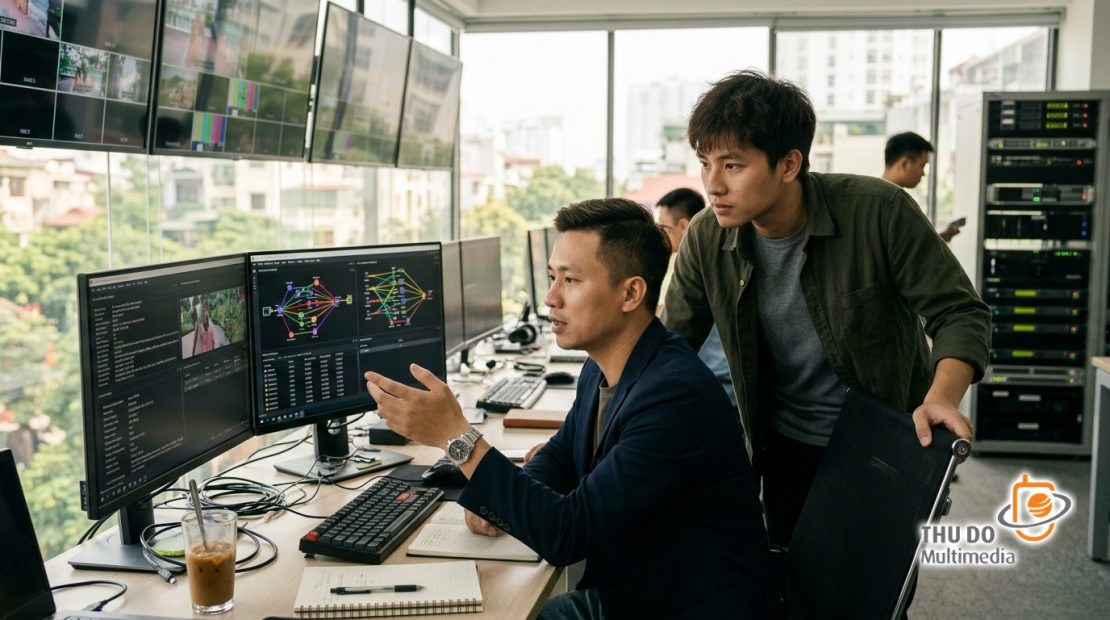 Đội ngũ kỹ thuật viên phối hợp vận hành và theo dõi thông số truyền dẫn media trực tiếp trên hệ thống giám sát trung tâm