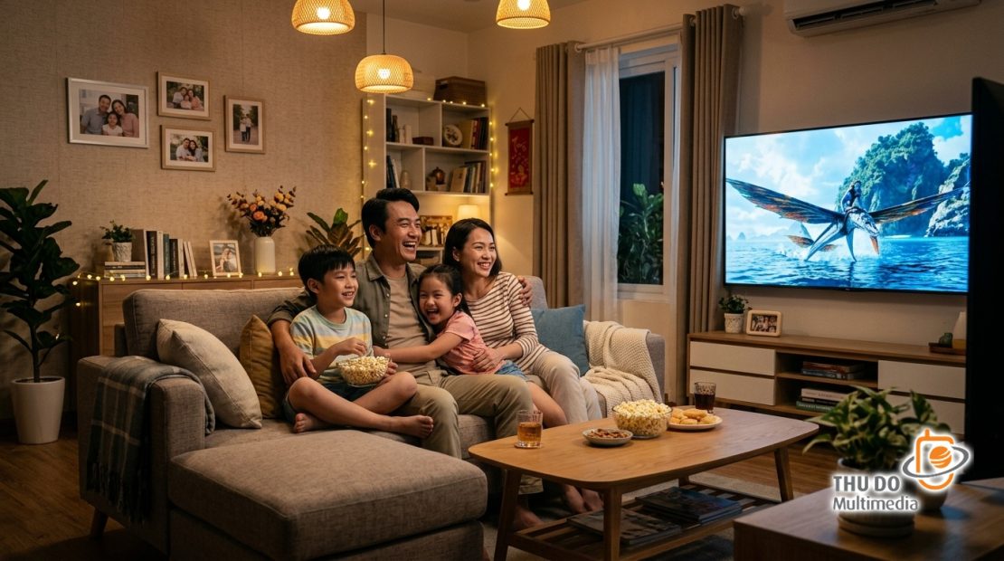 Gia đình Việt Nam quây quần xem chương trình truyền hình sắc nét trên Smart TV với công nghệ phát sóng hiện đại.