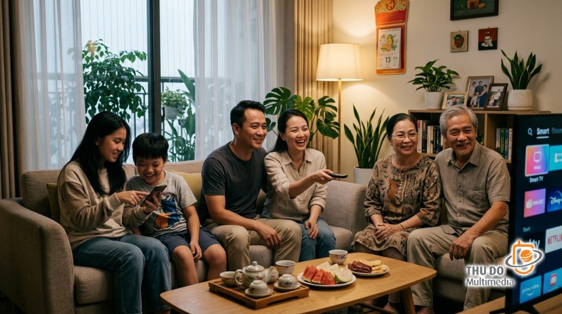 Gia đình Việt Nam trải nghiệm tính năng truyền hình tương tác (Interactive TV) và mua sắm trực tiếp trên màn hình Smart TV. Gia đình Việt Nam trải nghiệm tính năng truyền hình tương tác (Interactive TV) và mua sắm trực tiếp trên màn hình Smart TV.