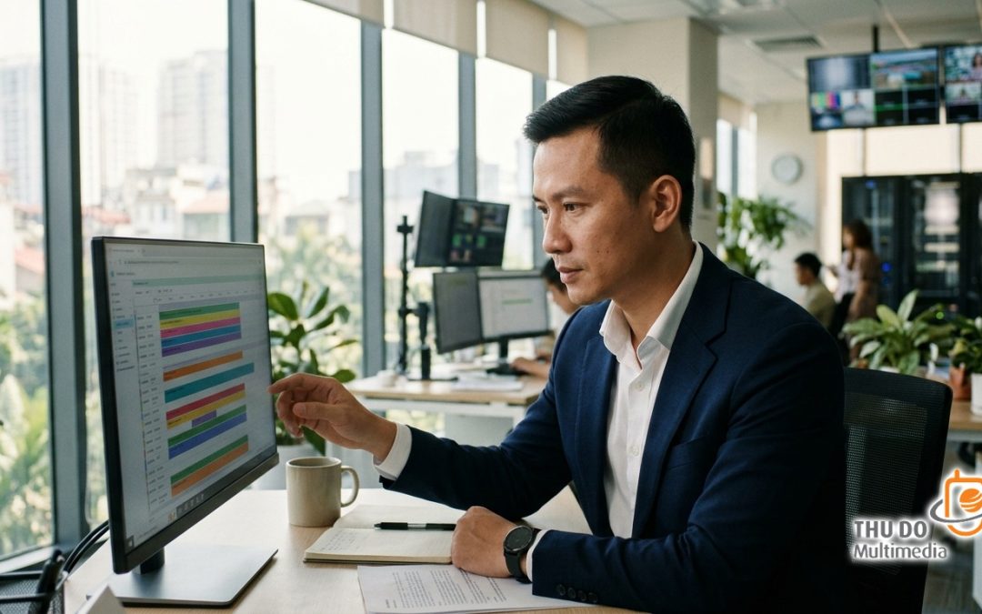 Giám đốc vận hành đài truyền hình phân tích lịch phát sóng kênh FAST trong không gian phòng làm việc ngập tràn ánh sáng tự nhiên tại Hà Nội.