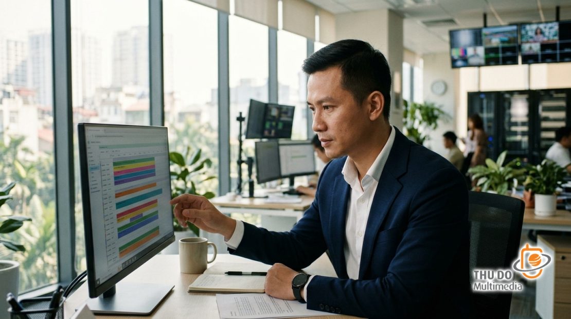 Giám đốc vận hành đài truyền hình phân tích lịch phát sóng kênh FAST trong không gian phòng làm việc ngập tràn ánh sáng tự nhiên tại Hà Nội.