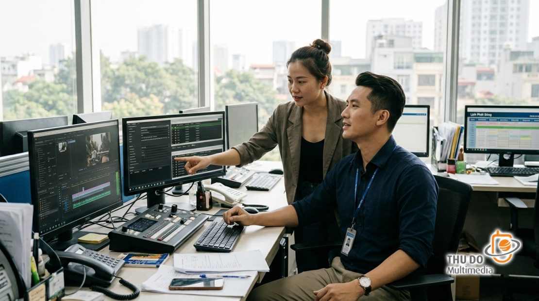 Kỹ sư công nghệ đài truyền hình đang thao tác trên hệ thống quản lý siêu dữ liệu và lập lịch phát sóng kênh FAST.