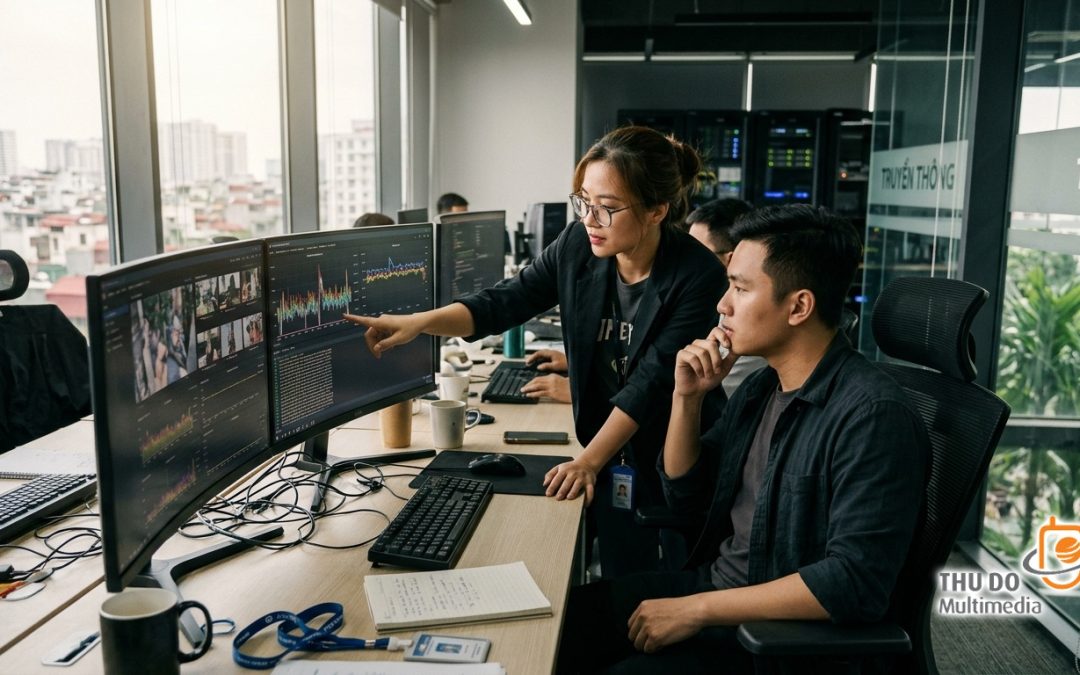 Kỹ sư công nghệ đang phân tích biểu đồ giám sát luồng phát sóng thời gian thực tại trung tâm điều hành