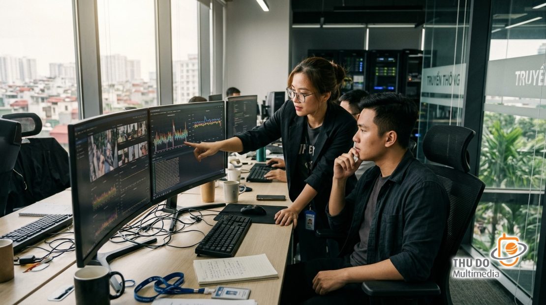 Kỹ sư công nghệ đang phân tích biểu đồ giám sát luồng phát sóng thời gian thực tại trung tâm điều hành Kỹ sư công nghệ đang phân tích biểu đồ giám sát luồng phát sóng thời gian thực tại trung tâm điều hành