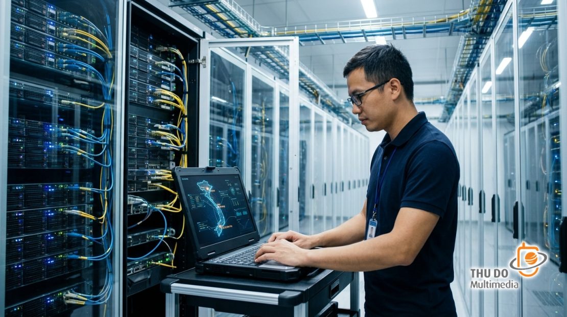 Kỹ sư công nghệ Việt Nam đang cấu hình hệ thống máy chủ và mạng phân phối nội dung (Multi-CDN) tại trung tâm dữ liệu. Kỹ sư công nghệ Việt Nam đang cấu hình hệ thống máy chủ và mạng phân phối nội dung (Multi-CDN) tại trung tâm dữ liệu.