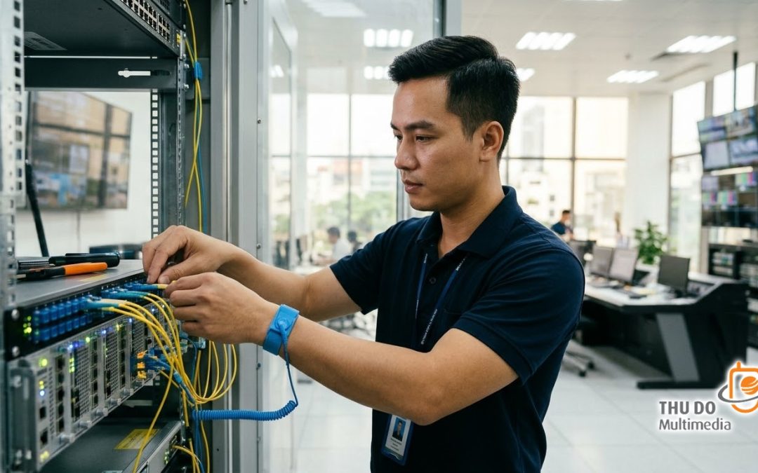 Kỹ sư đang thực hiện đấu nối và kiểm tra hạ tầng máy chủ tại trung tâm dữ liệu tiêu chuẩn quốc tế