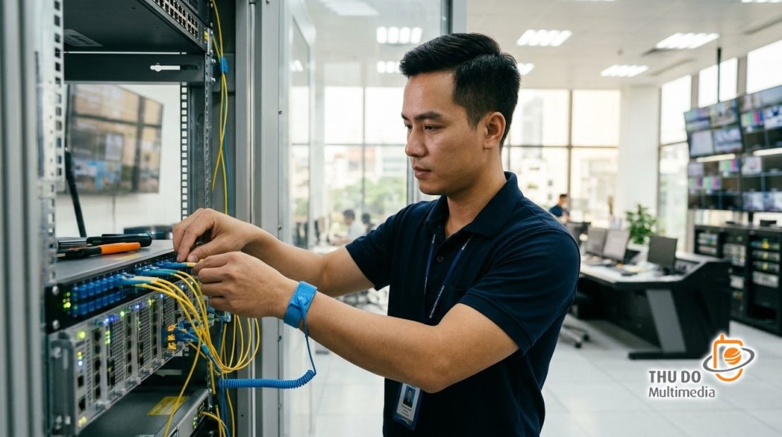 Kỹ sư đang thực hiện đấu nối và kiểm tra hạ tầng máy chủ tại trung tâm dữ liệu tiêu chuẩn quốc tế Kỹ sư đang thực hiện đấu nối và kiểm tra hạ tầng máy chủ tại trung tâm dữ liệu tiêu chuẩn quốc tế