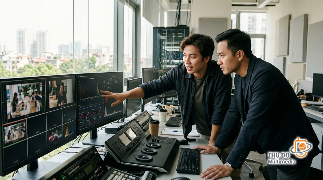 Kỹ sư kiểm tra thông số độ trễ luồng video 4K trên màn hình làm việc chuyên dụng Kỹ sư kiểm tra thông số độ trễ luồng video 4K trên màn hình làm việc chuyên dụng