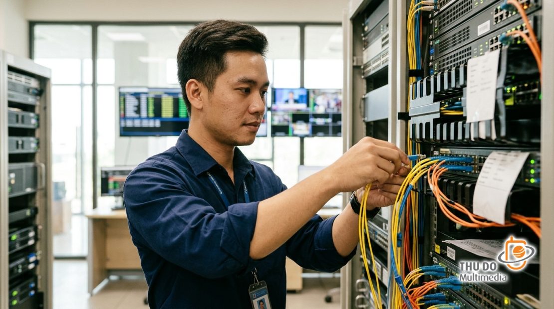 Kỹ sư vận hành kiểm tra hệ thống máy chủ và luồng truyền dẫn băng thông cao tại trung tâm dữ liệu của Thủ Đô Multimedia