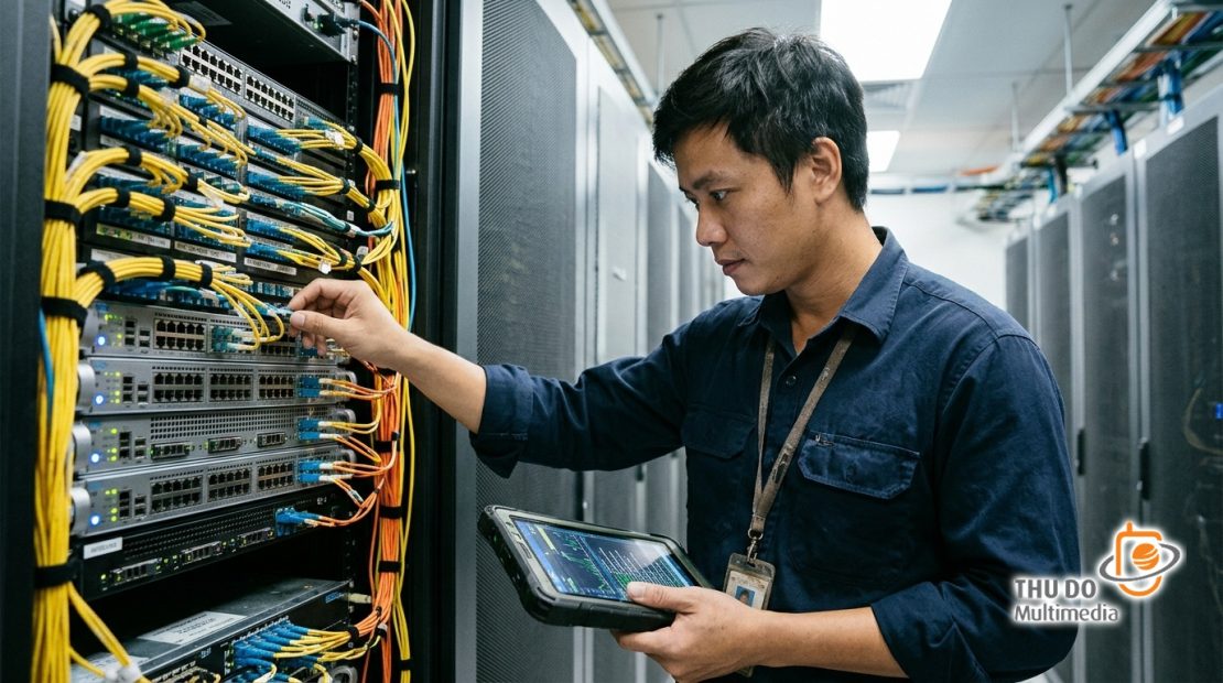 Kỹ sư viễn thông đang kiểm tra hệ thống máy chủ chuyển mã và phân phối nội dung tại phòng máy chủ chuẩn quốc tế Kỹ sư viễn thông đang kiểm tra hệ thống máy chủ chuyển mã và phân phối nội dung tại phòng máy chủ chuẩn quốc tế