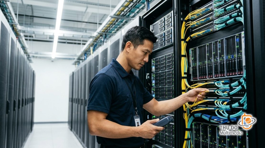 Kỹ thuật viên kiểm tra hệ thống máy chủ và cáp quang tại trung tâm dữ liệu chuẩn Enterprise, đảm bảo vận hành ổn định cho hạ tầng phân phối VOD. Kỹ thuật viên kiểm tra hệ thống máy chủ và cáp quang tại trung tâm dữ liệu chuẩn Enterprise, đảm bảo vận hành ổn định cho hạ tầng phân phối VOD.