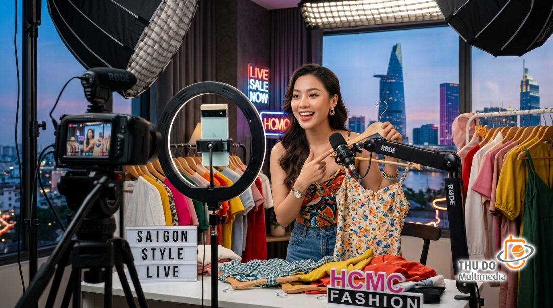 Nữ nhà sản xuất truyền hình Việt Nam đang kiểm tra các số liệu tương tác khán giả thời gian thực trên thiết bị máy tính bảng tại phim trường hiện đại