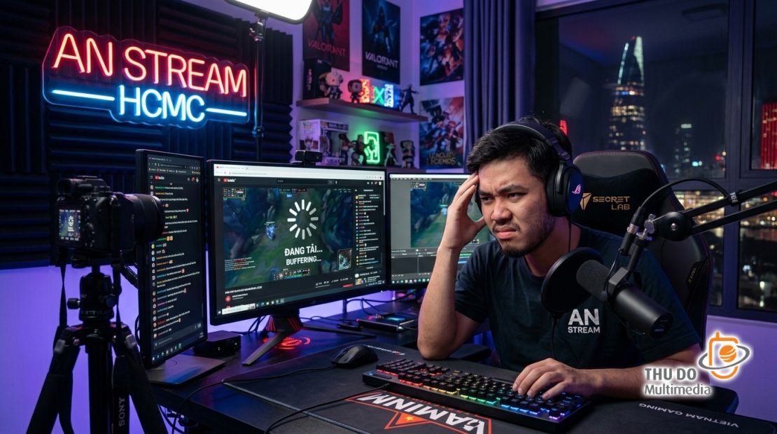 Một Streamer người Việt đang gặp sự cố giật lag màn hình trong lúc phát sóng trực tiếp tại studio.