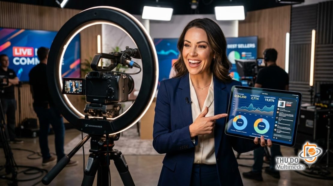 Một người dẫn chương trình chuyên nghiệp đang livestream bán hàng tương tác trực tiếp với khách hàng qua máy tính bảng