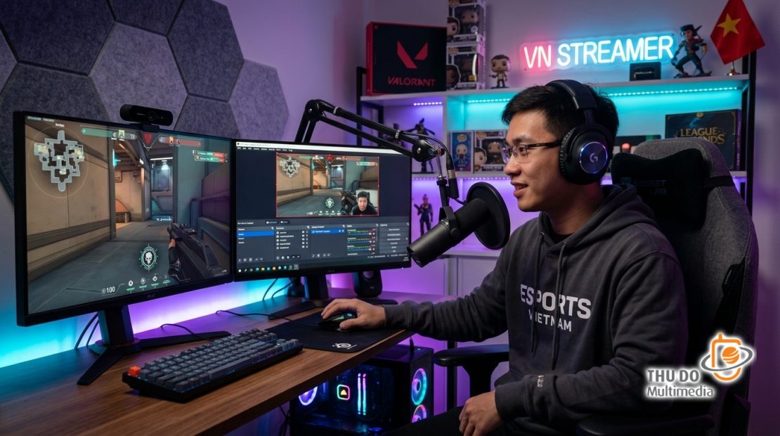 Streamer người Việt đang cấu hình phần mềm OBS Studio để tối ưu hóa luồng phát trực tiếp