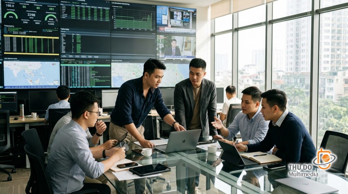 Trung tâm điều hành mạng (NOC) với tường màn hình lớn hiển thị thông số giám sát phát sóng trực tiếp Trung tâm điều hành mạng (NOC) với tường màn hình lớn hiển thị thông số giám sát phát sóng trực tiếp